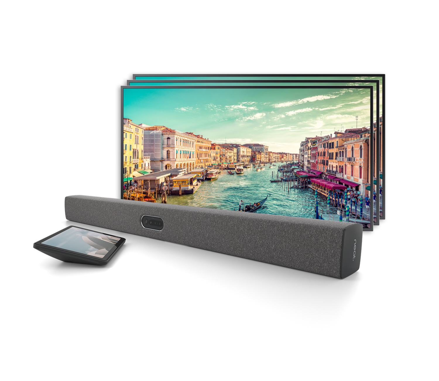 Image showing neat pad, neat bar and 3 Samsung tv screens