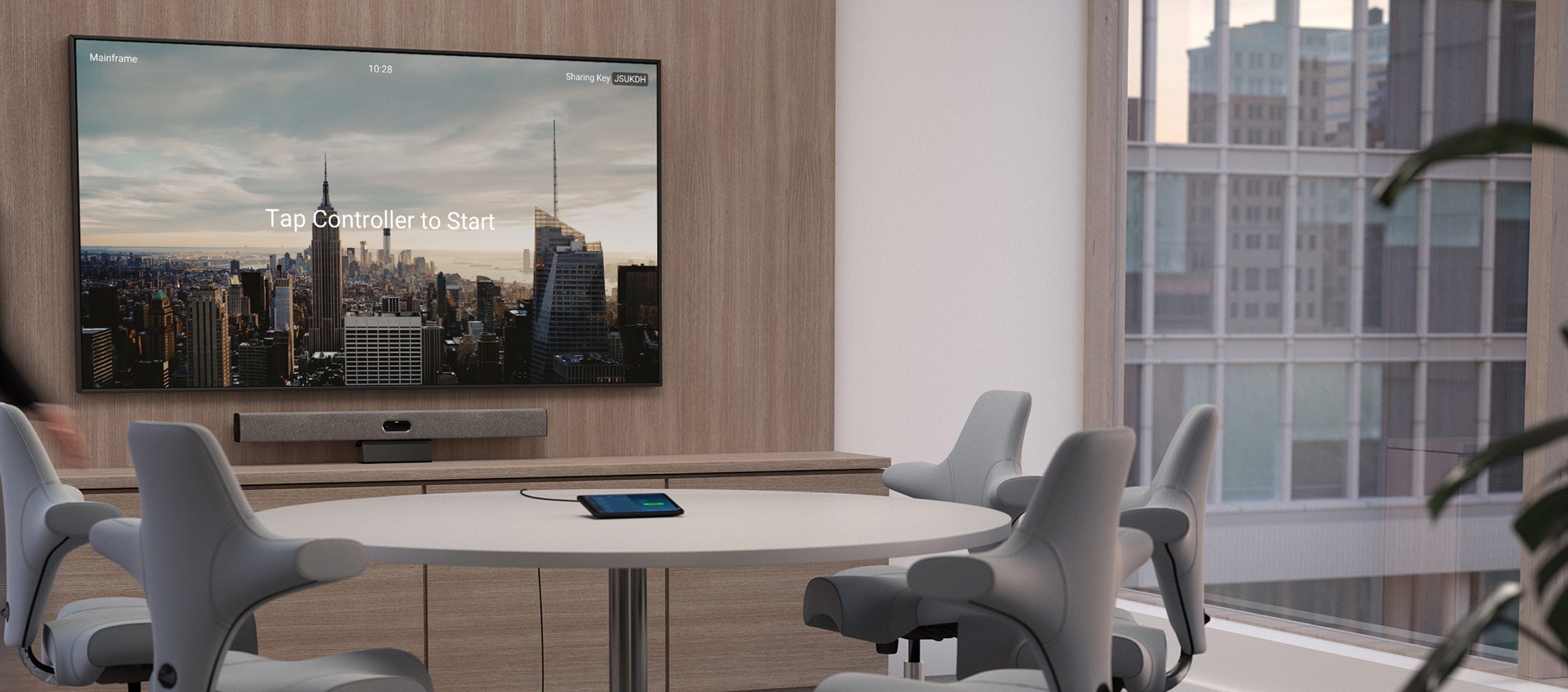 Image showing set of tv screen and neat pad in a meeting space