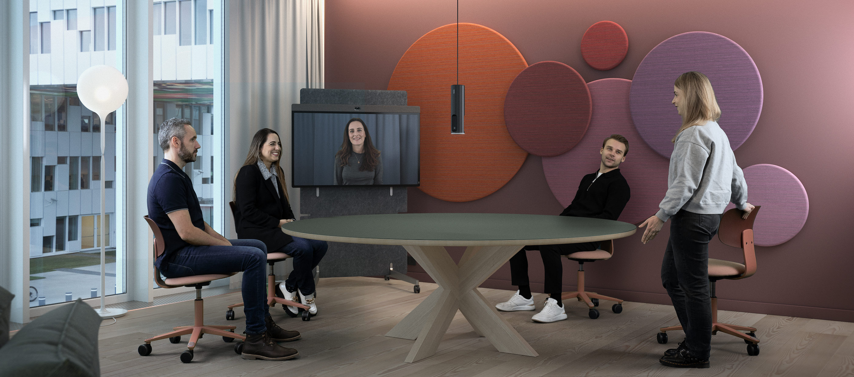 Image showing people sitting around a table with neat center hanging from the ceiling
