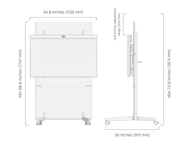 Technical illustration of neat board 50 adaptive stand specs